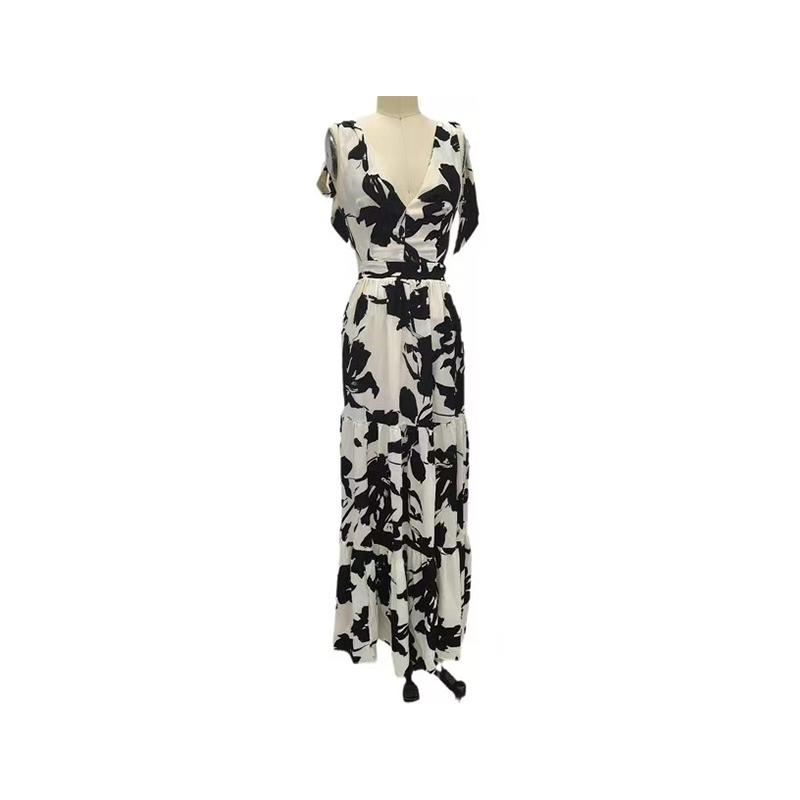 High-Grade Hollow Waist Bow-Decorated Slit Stitching Dress With Backless Sexy Pure Style Deep V Dress