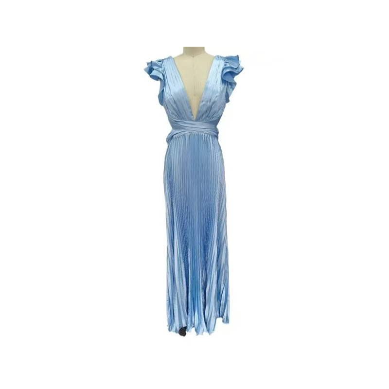 High-Class Temperament Tall Goddess Sexy Deep V-Neck Satin Waist High Waist Long Evening Dress A-Line Pleated Dress